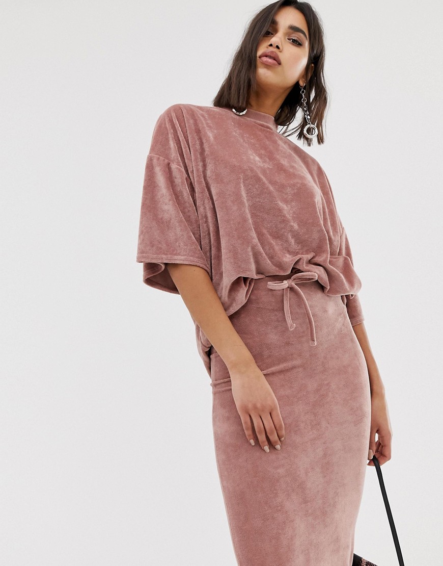 Missguided velour oversized t-shirt co-ord in rose pink