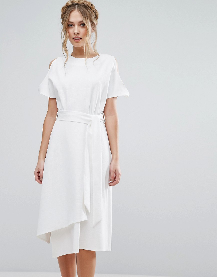Closet London Cold Shoulder Midi Dress with Wrap Skirt - White