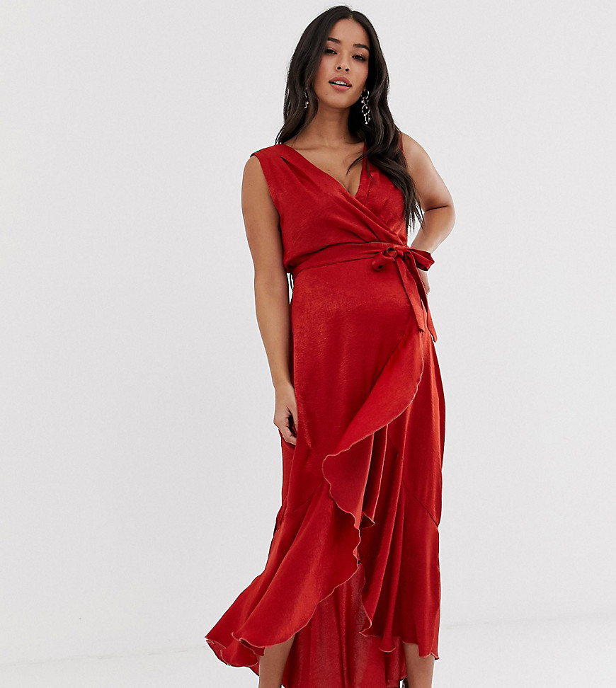 Flounce London Maternity wrap front midaxi dress in rust