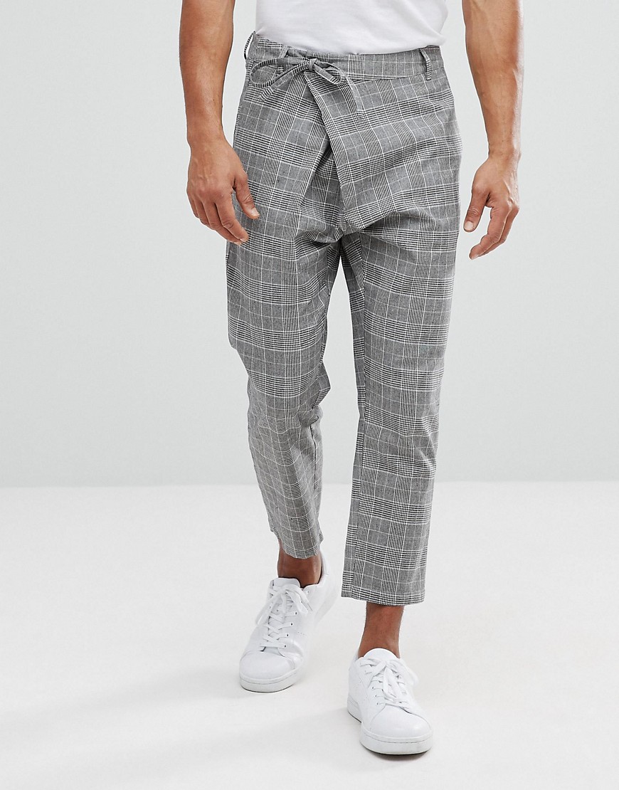 ASOS Tapered Check Trousers With Asymmetric Front - Grey