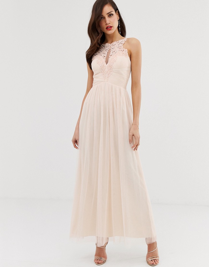 Little Mistress tulle maxi dress with lace detail