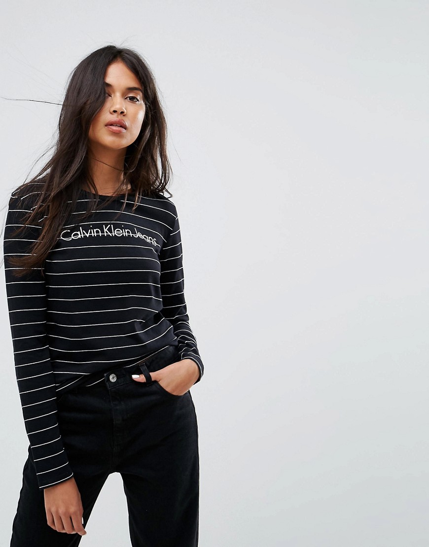Calvin Klein Jeans Long Sleeve Logo T Shirt with Stripe - Cream/bright white