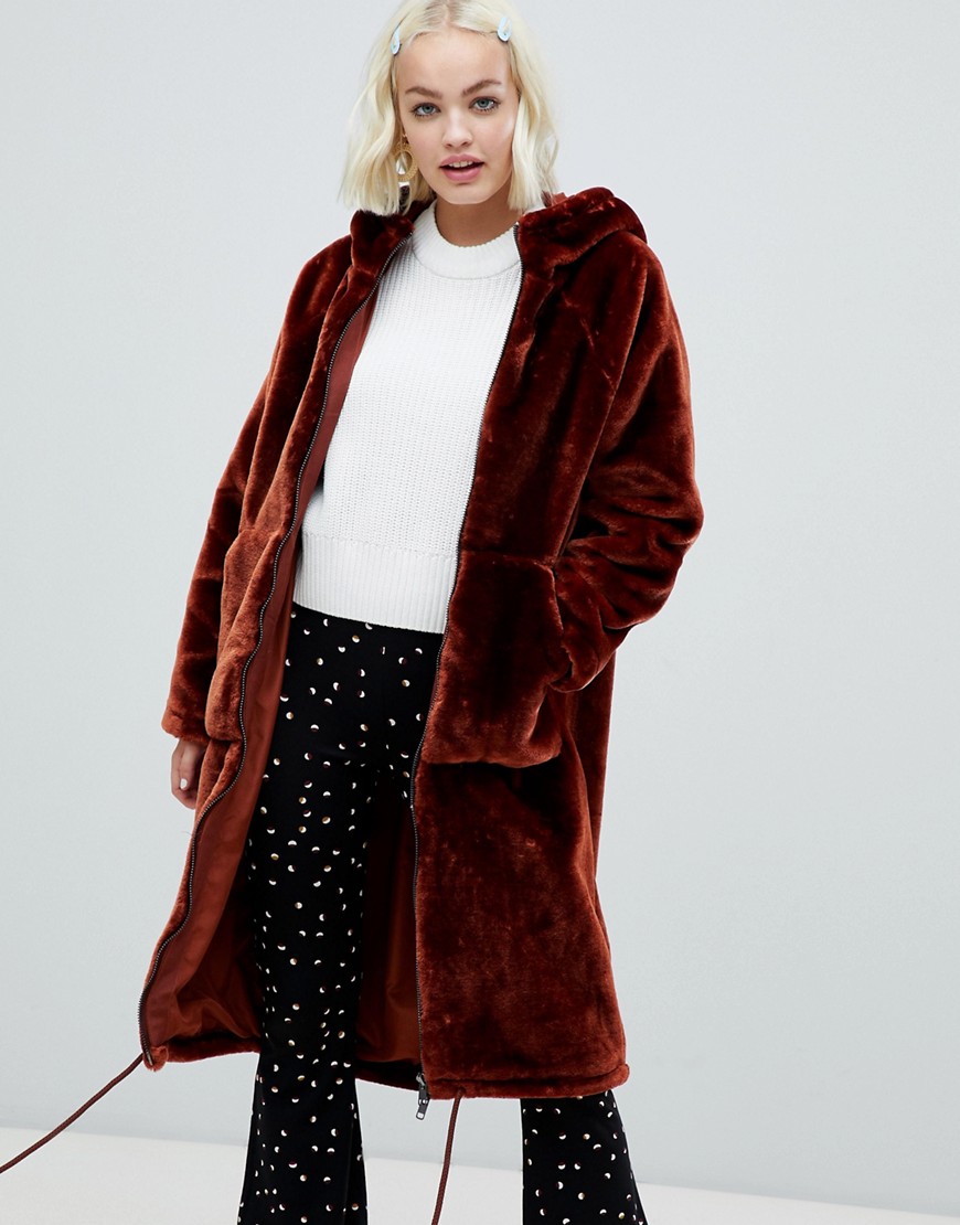 Monki faux fur zip hooded coat in brown