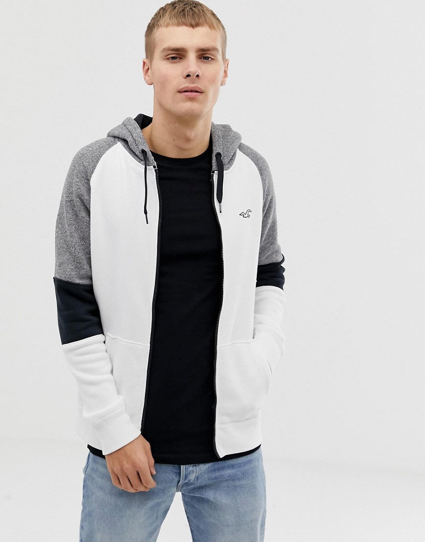 Hollister colourblock logo full zip hoodie in white/grey/black