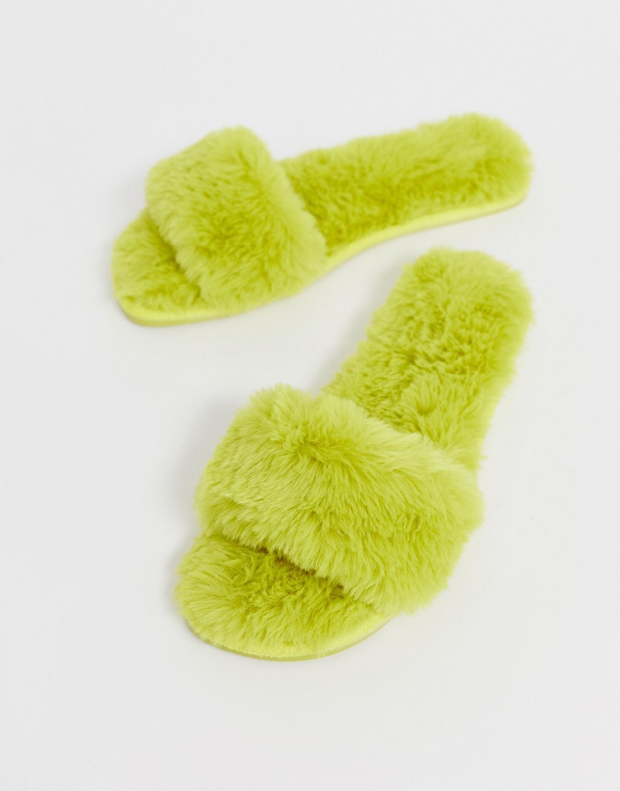 ASOS DESIGN Nia fluffy slider slippers in chartreuse