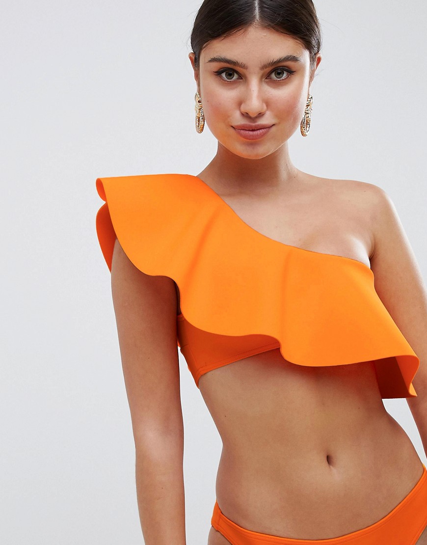 ASOS DESIGN one shoulder oversized frill scuba bikini top in orange - Incas orange
