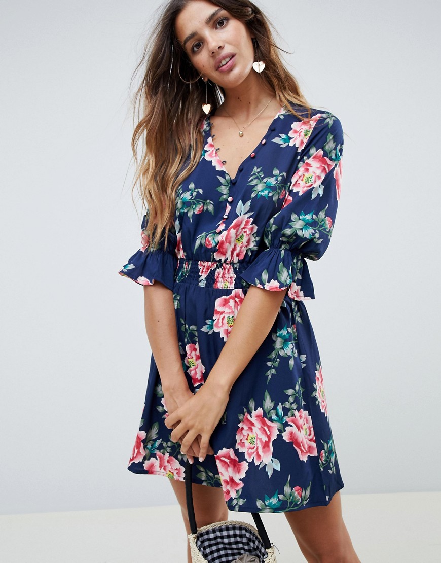 Influence V Neck Floral Tea Dress With Gathered Sleeve