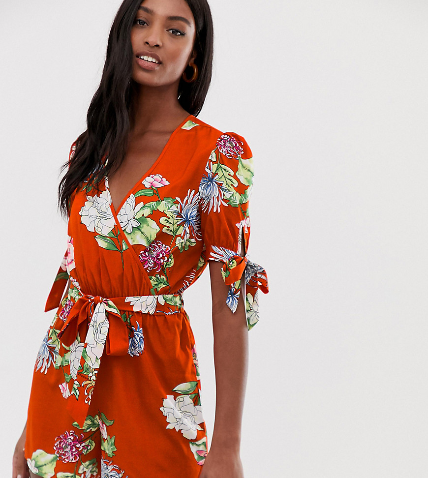 Influence Tall wrap playsuit with puff tie sleeve in red floral