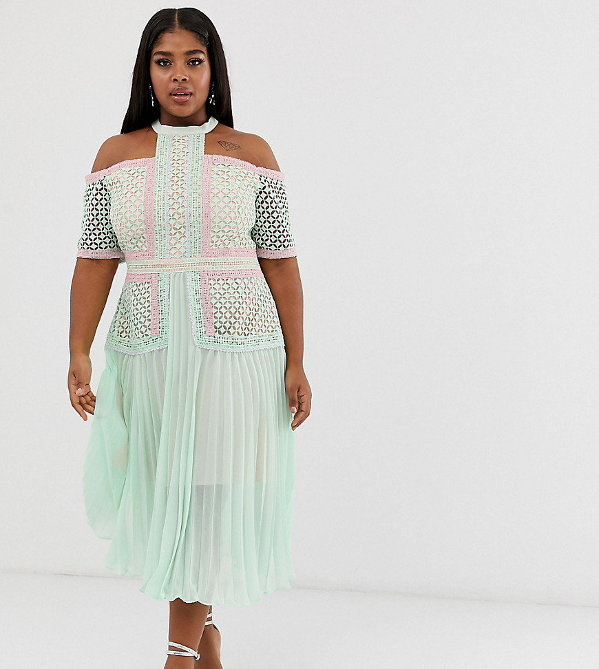 Truly you premium cold shoulder midi dress with lace panels and pleated skirt in tonal mint