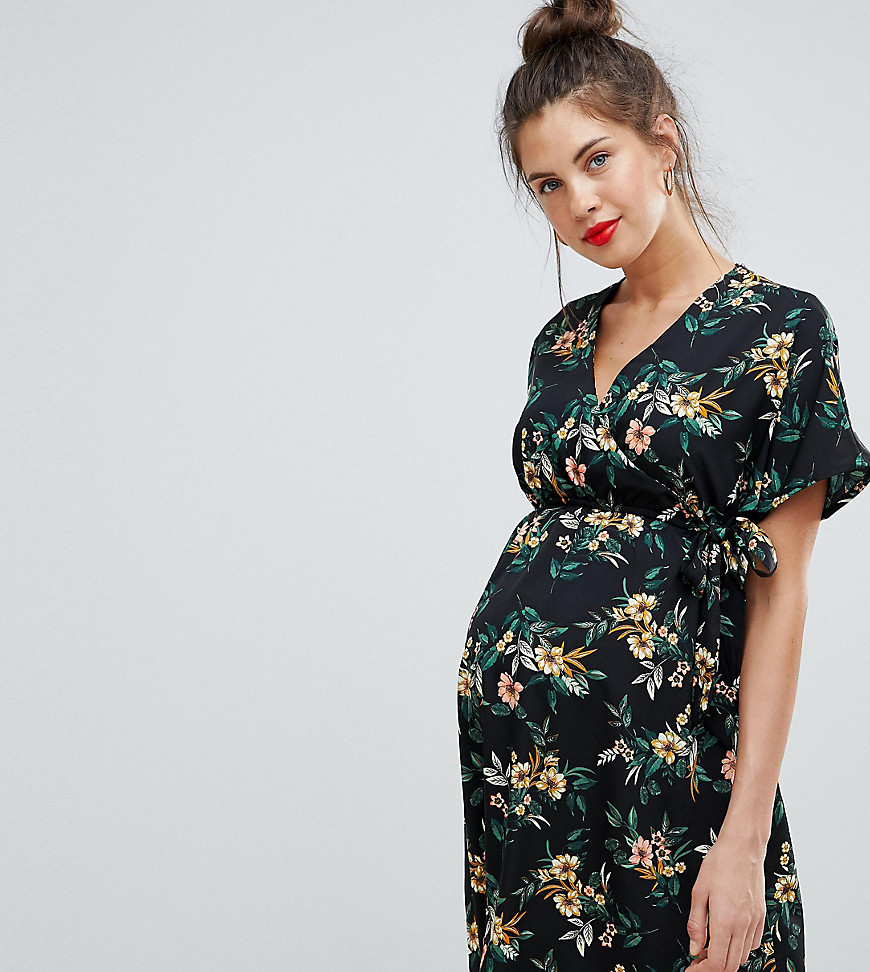 New Look Maternity Tie Front Printed Dress - Black pattern