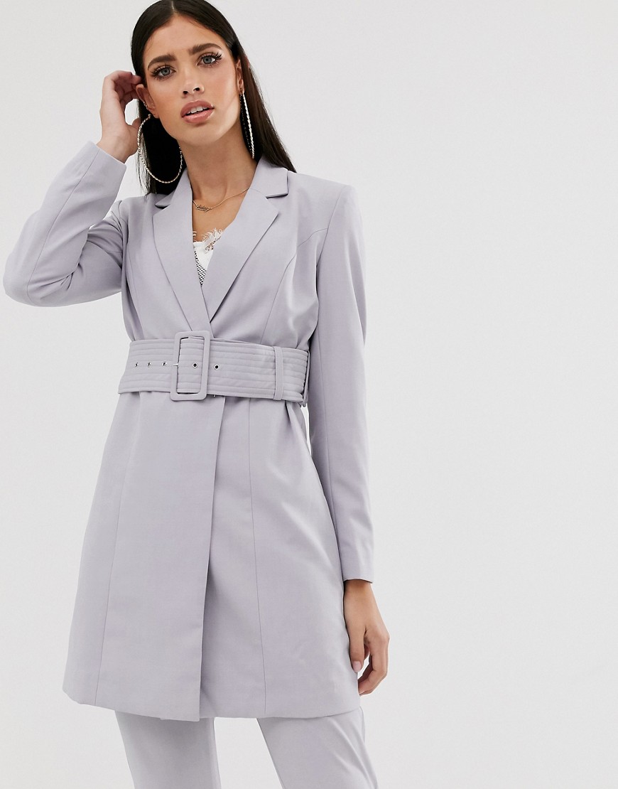 Parallel Lines longline tailored blazer coord with belt in soft grey