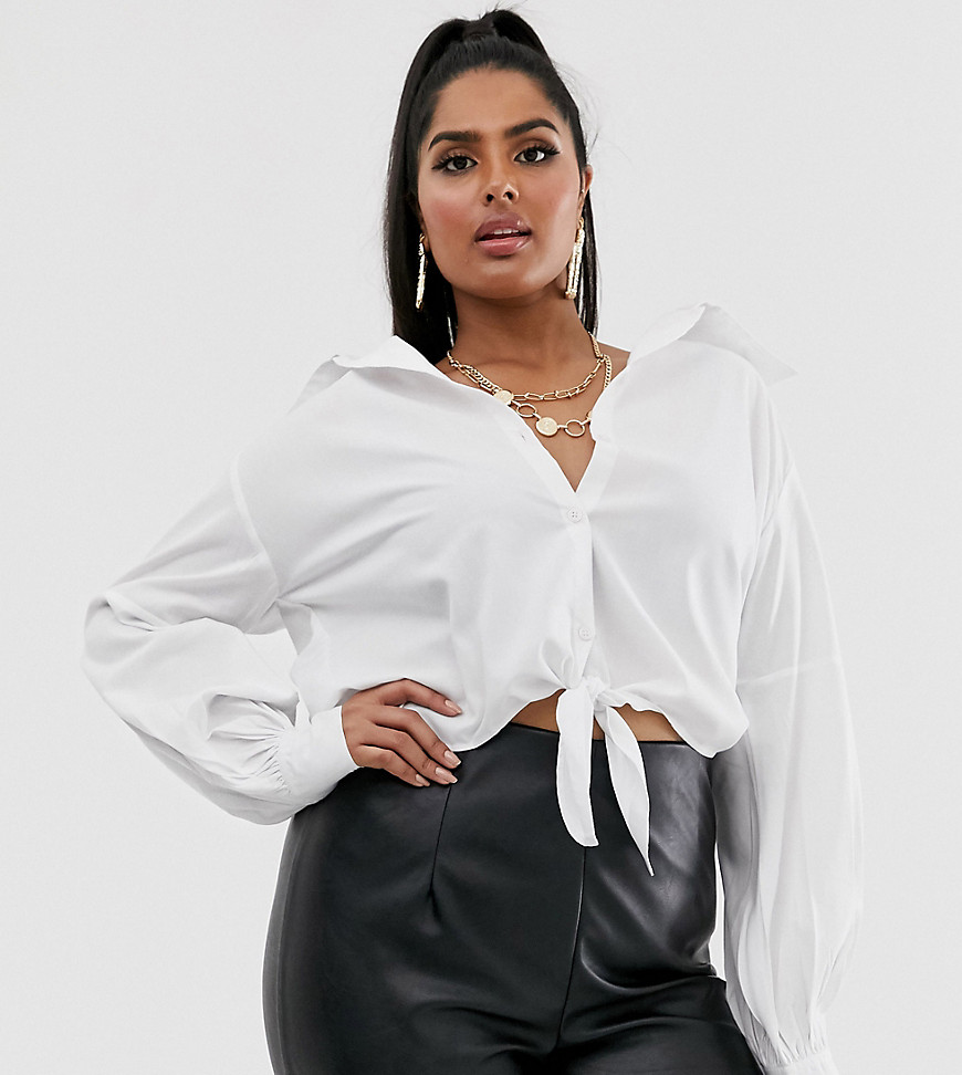 PrettyLittleThing Plus shirt with tie detail in white