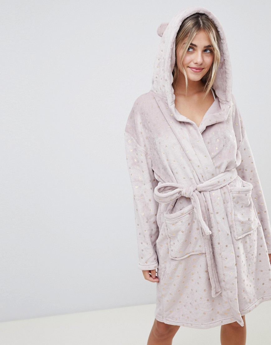 Loungeable luxe fleece hooded dressing gown in metallic star print - Pink