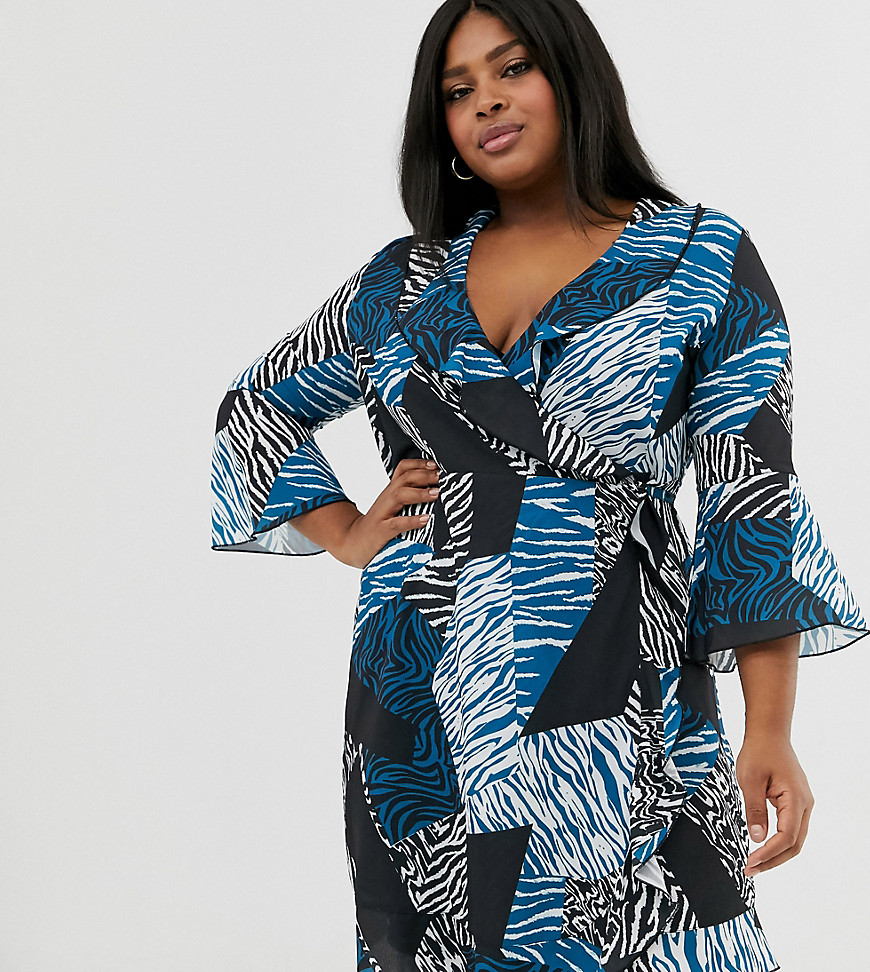 Outrageous Fortune Plus ruffle wrap dress with fluted sleeve in mixed print