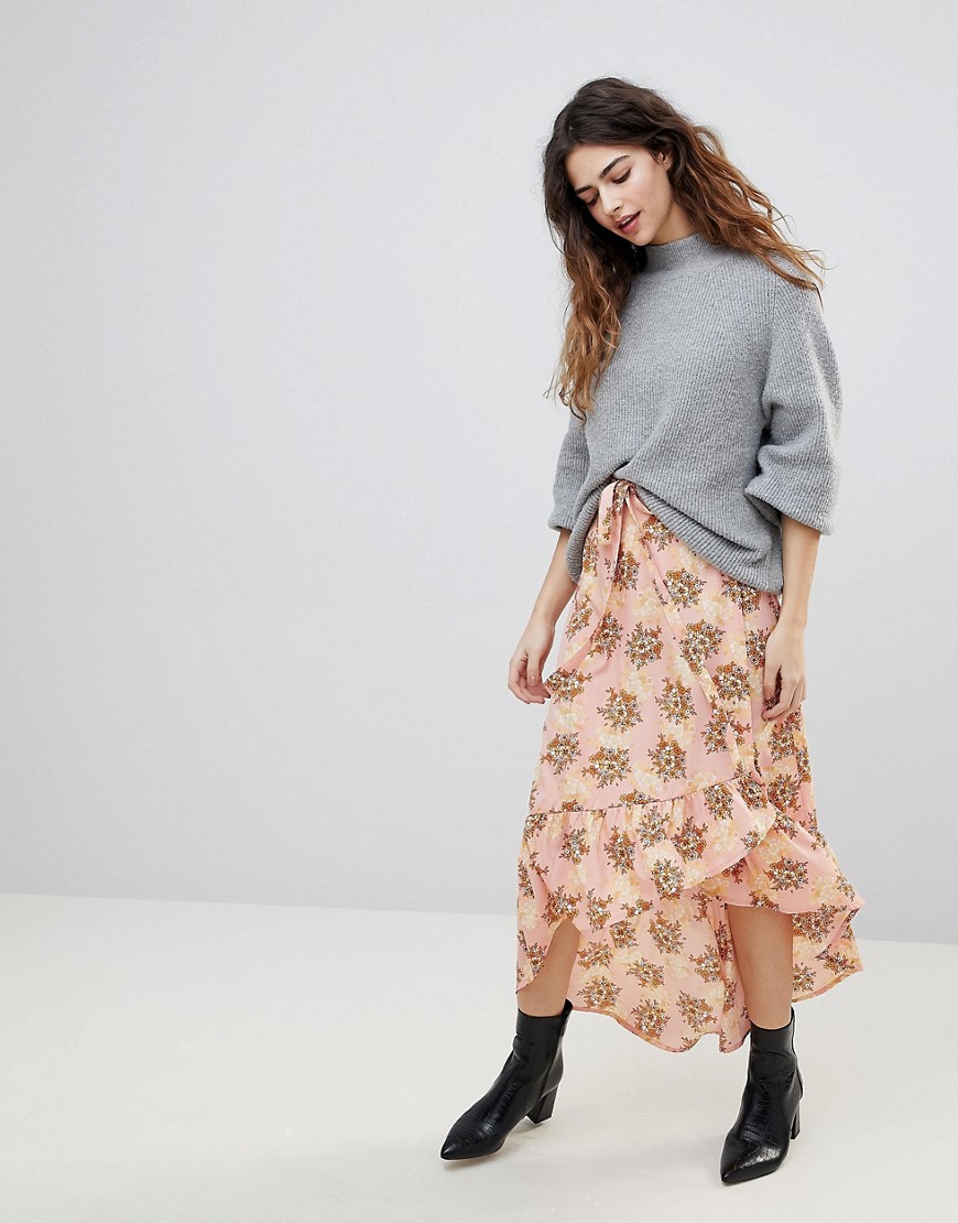 Vero Moda Floral Asymetric Ruffle Skirt - Rose tan
