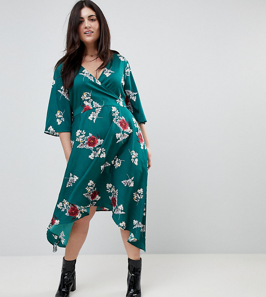 Influence Plus Hanky Hem Floral Wrap Midi Dress With Flared Sleeve - Green