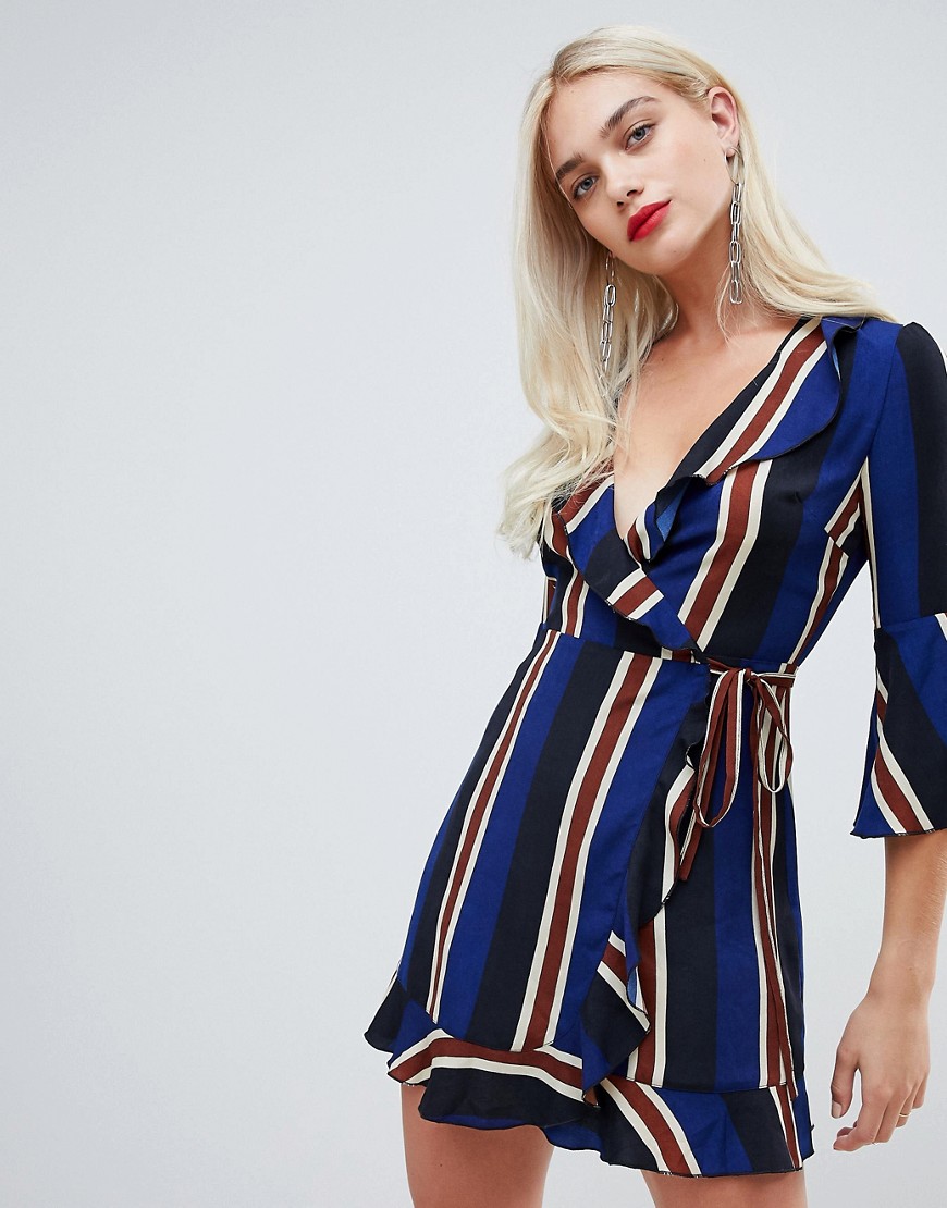 Outrageous Fortune ruffle wrap dress with fluted sleeve in stripe