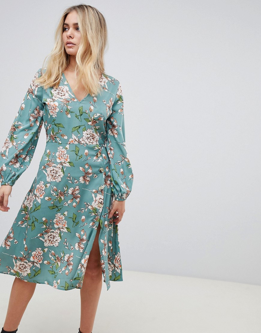 Influence midi floral dress with button detail