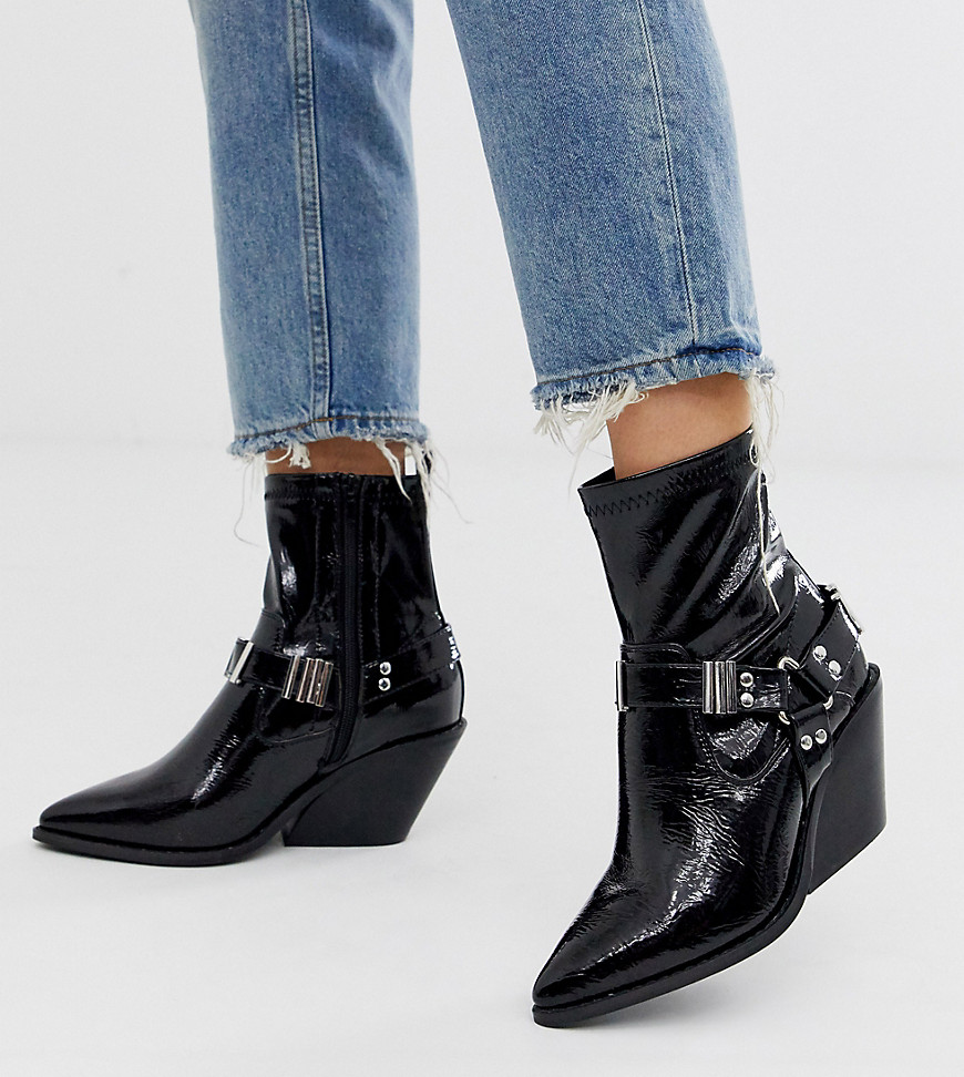 Asos Design Wide Fit Ritchie Western Harness Sock Boots In Black Patent ...