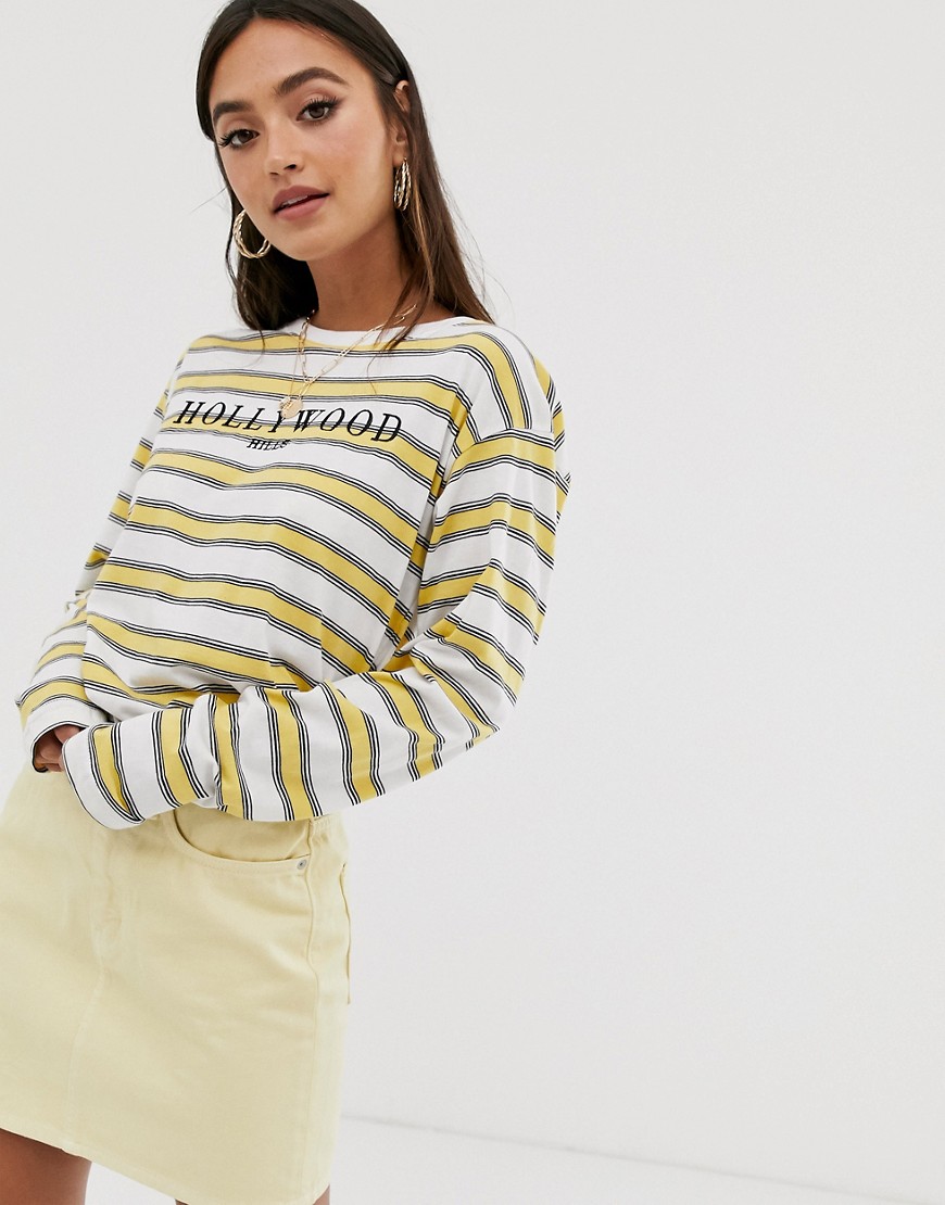Daisy Street oversized long sleeved top in stripe with hollywood graphics