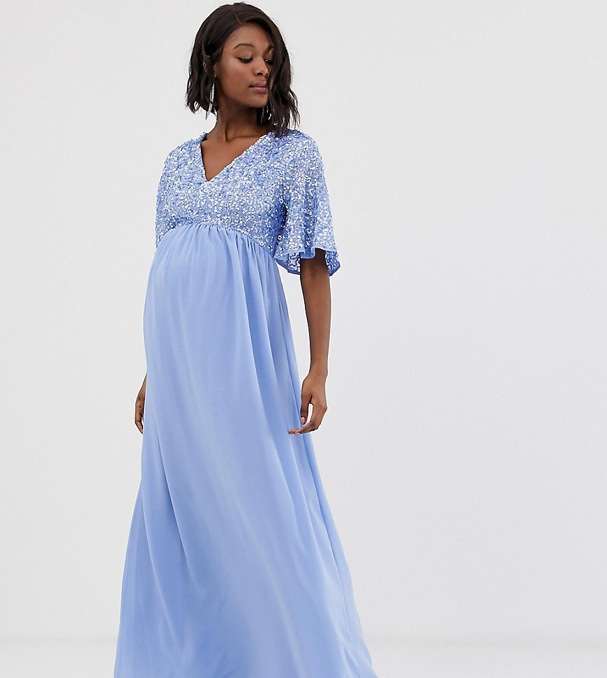 Maya Maternity sequin top maxi dress with flutter sleeve detail in bluebell