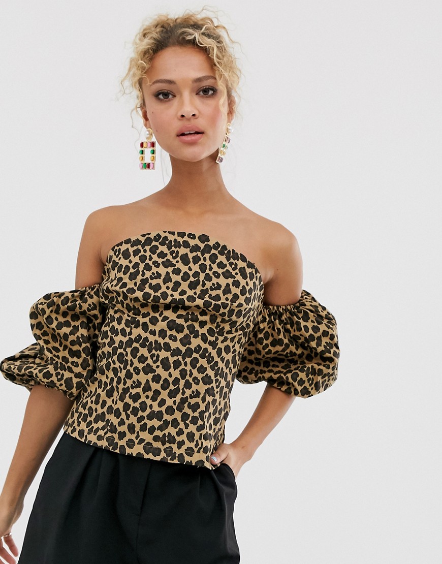 Never Fully Dressed off shoulder blouson sleeve wrap top in leopard