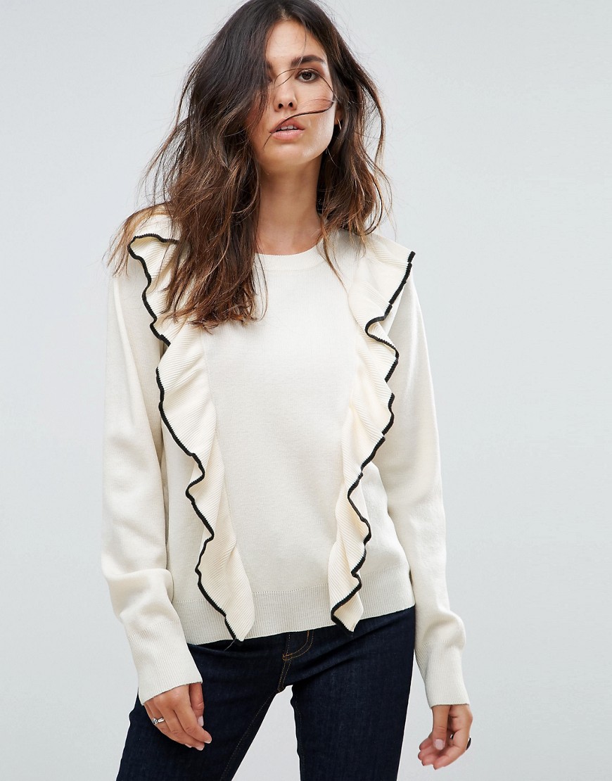 Liquorish Jumper With Ruffle And Contrast Trim - Off white with black