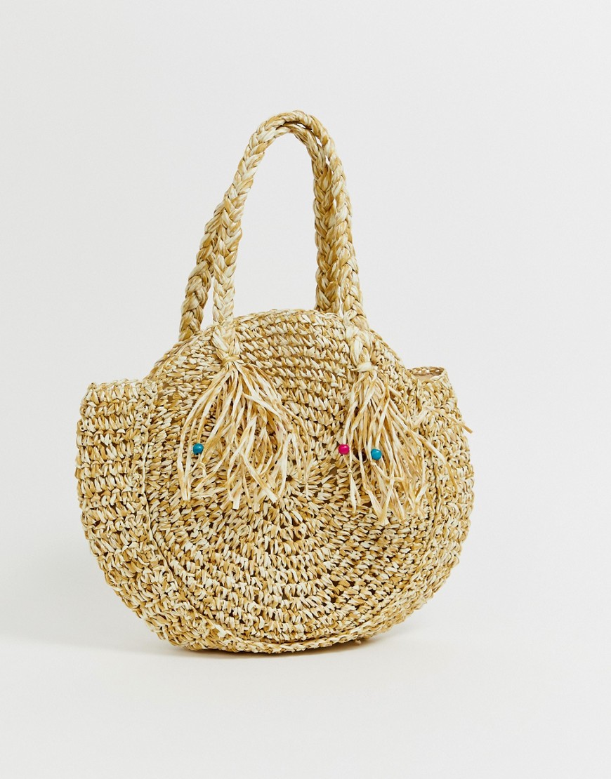 South Beach structured round straw beach bag with short handle