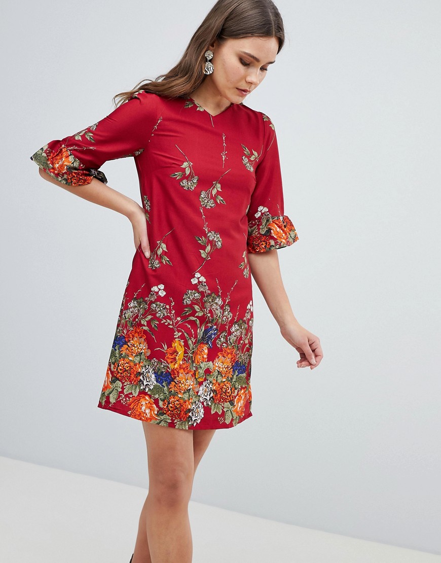 Yumi Frill Sleeve Shift Dress in Floral Border Print - Red
