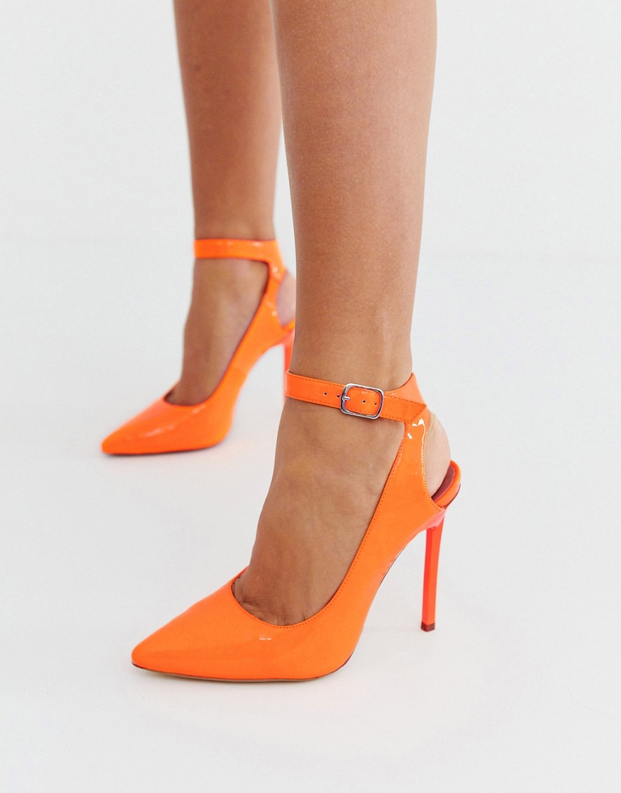 London Rebel pointed stiletto heels in neon orange