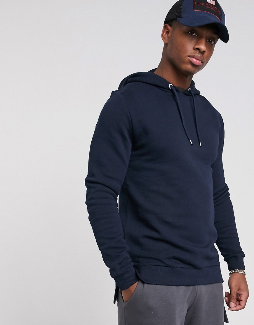 ASOS DESIGN hoodie with split and dropped hem in navy