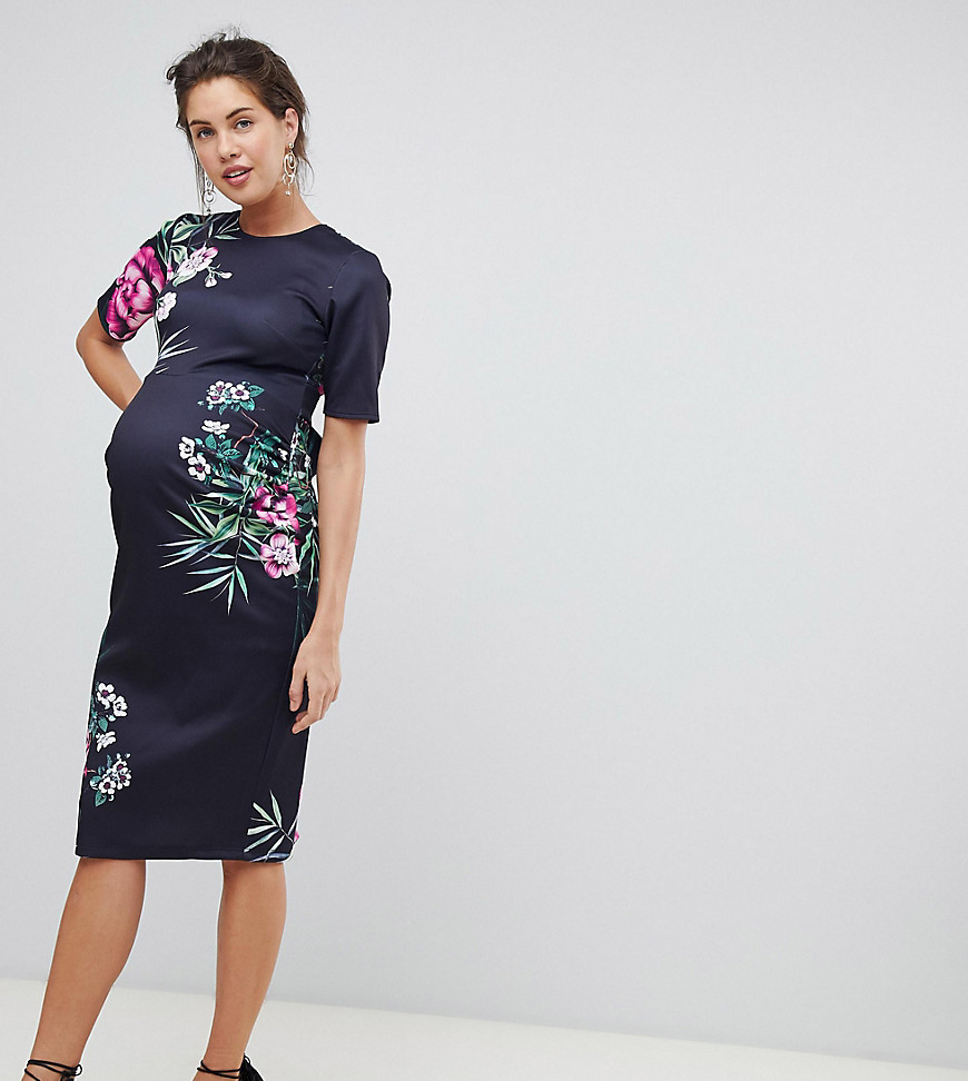True Violet Maternity floral pencil dress with open back