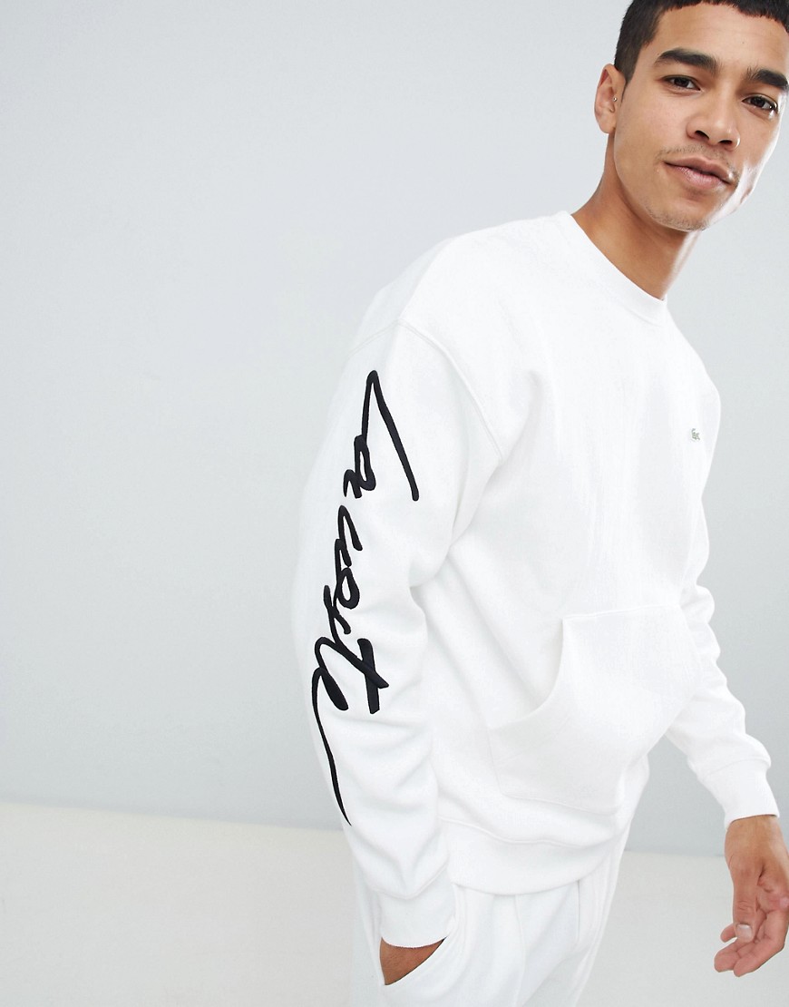 Lacoste L!VE unisex loose fit script sleeve sweat in off white - White