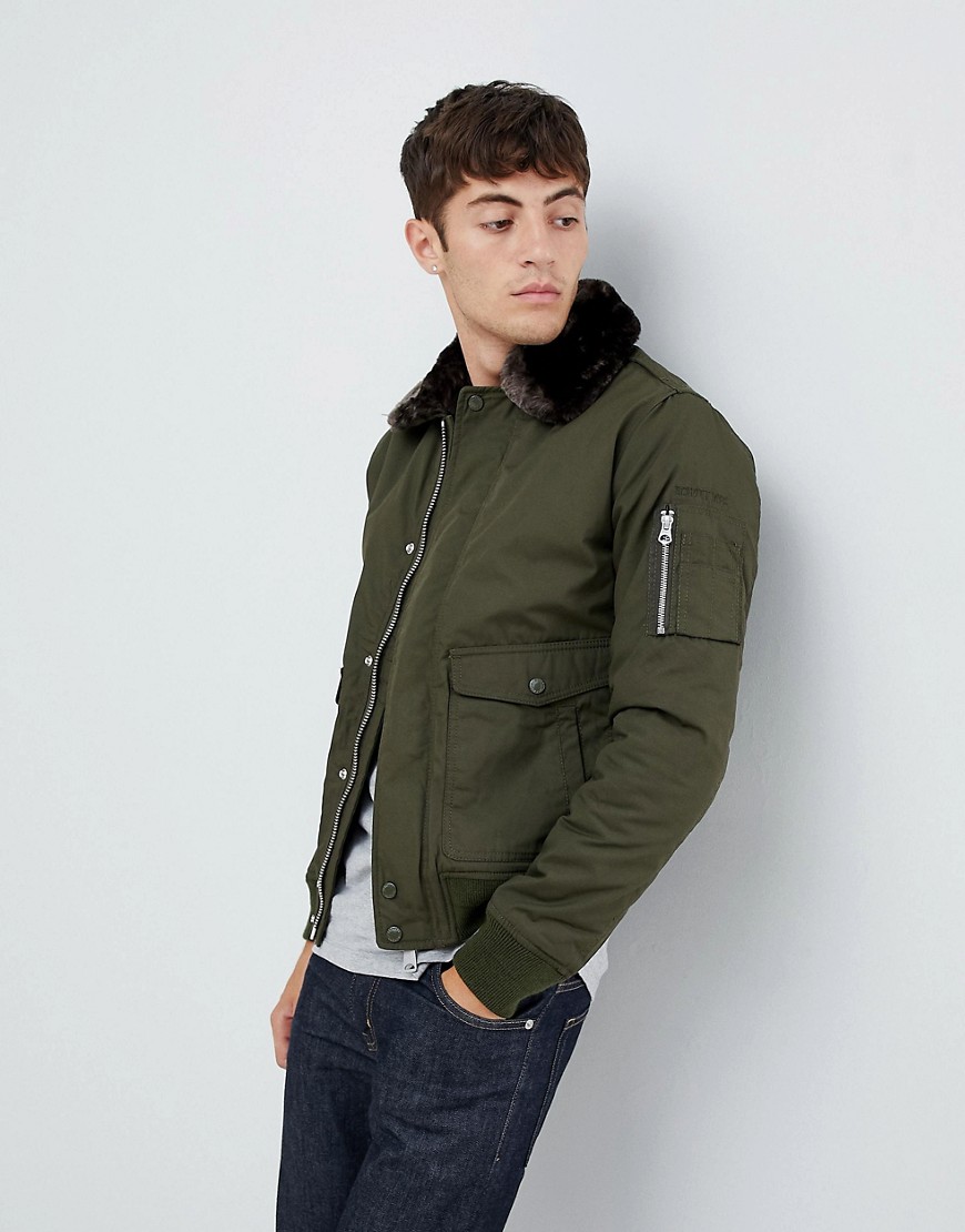 Schott Air bomber jacket with detachable faux fur collar in green/brown