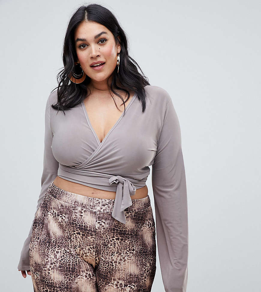 PrettyLittleThing Plus flared sleeve wrap crop top in taupe