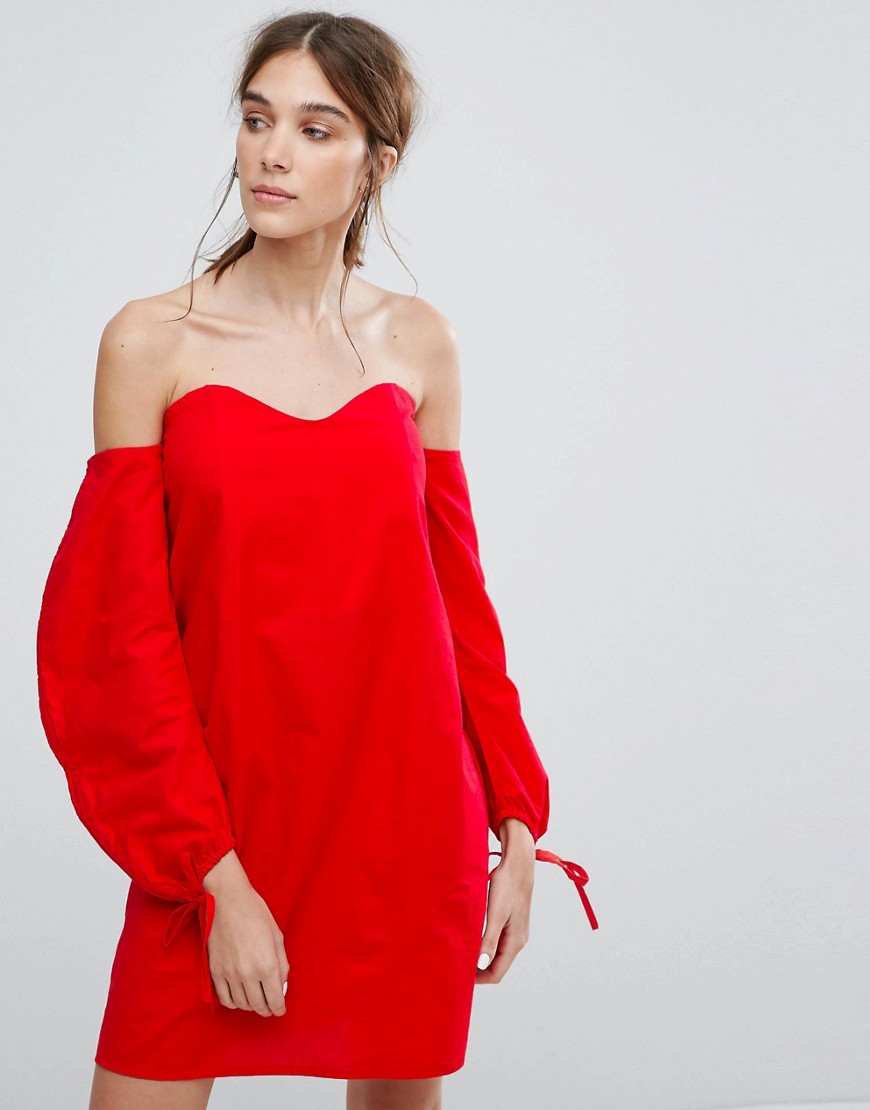 NEON ROSE OFF SHOULDER DRESS WITH RUCHED RIBBON SLEEVES - RED,NRDR320