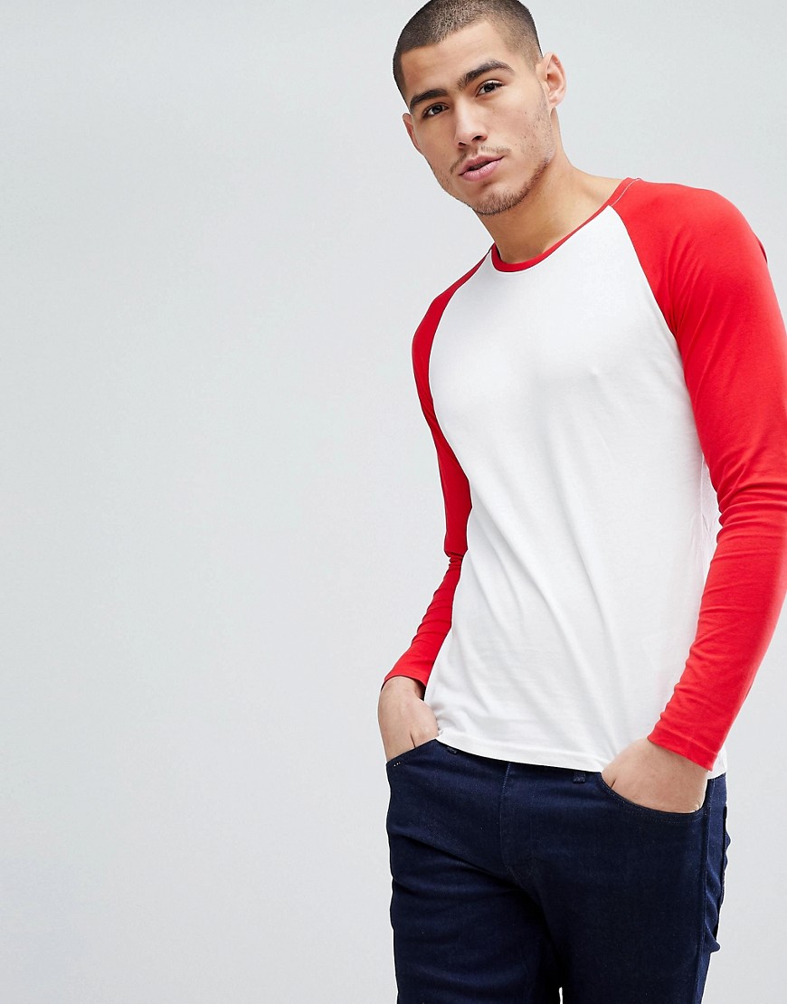 Only & Sons Contrast Raglan Long Sleeve Tee - White/racing red