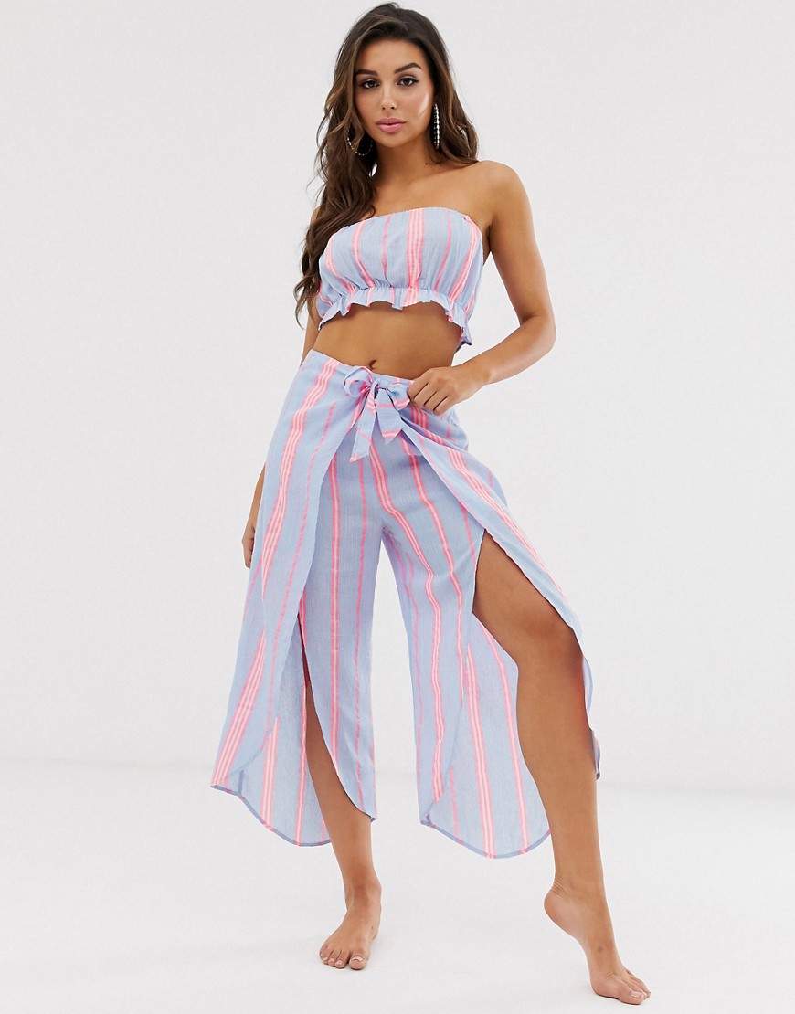 Asos Design Ruffle Front Beach Pants With Tie Waist & Splits In Neon Flash Stripe Two-piece - Multi
