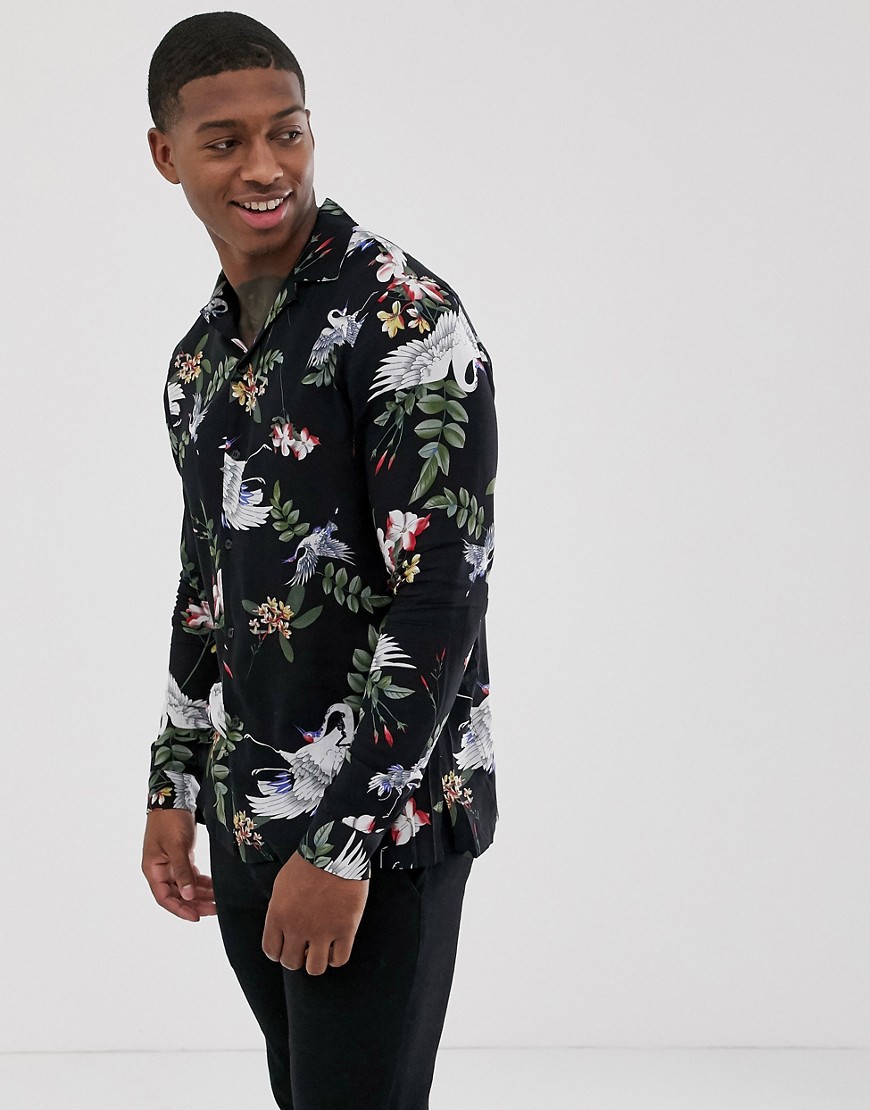 Religion revere collar shirt with floral crane print in black