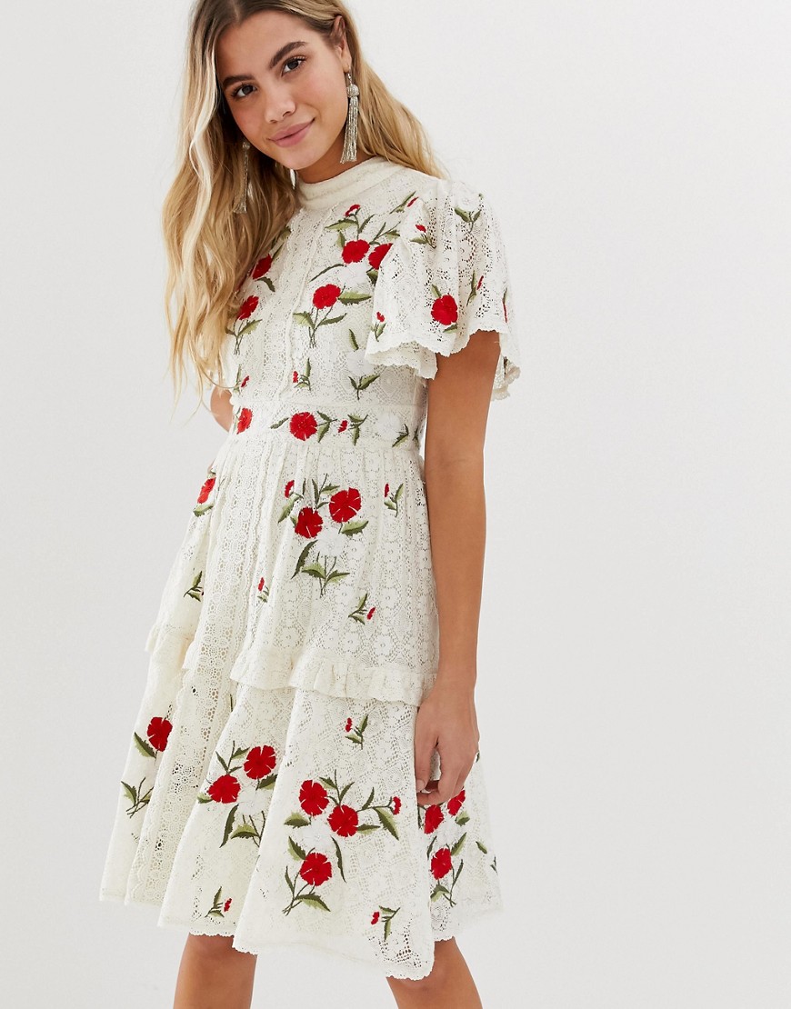 Frock And Frill prairie embroidered midi dress with lace insert and tiered skirt in cream