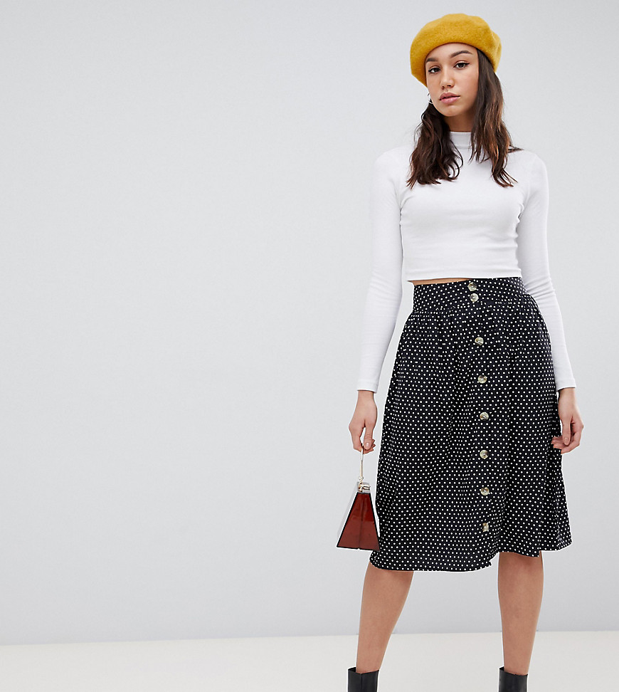 Influence Tall button front midi skirt in polka dot print