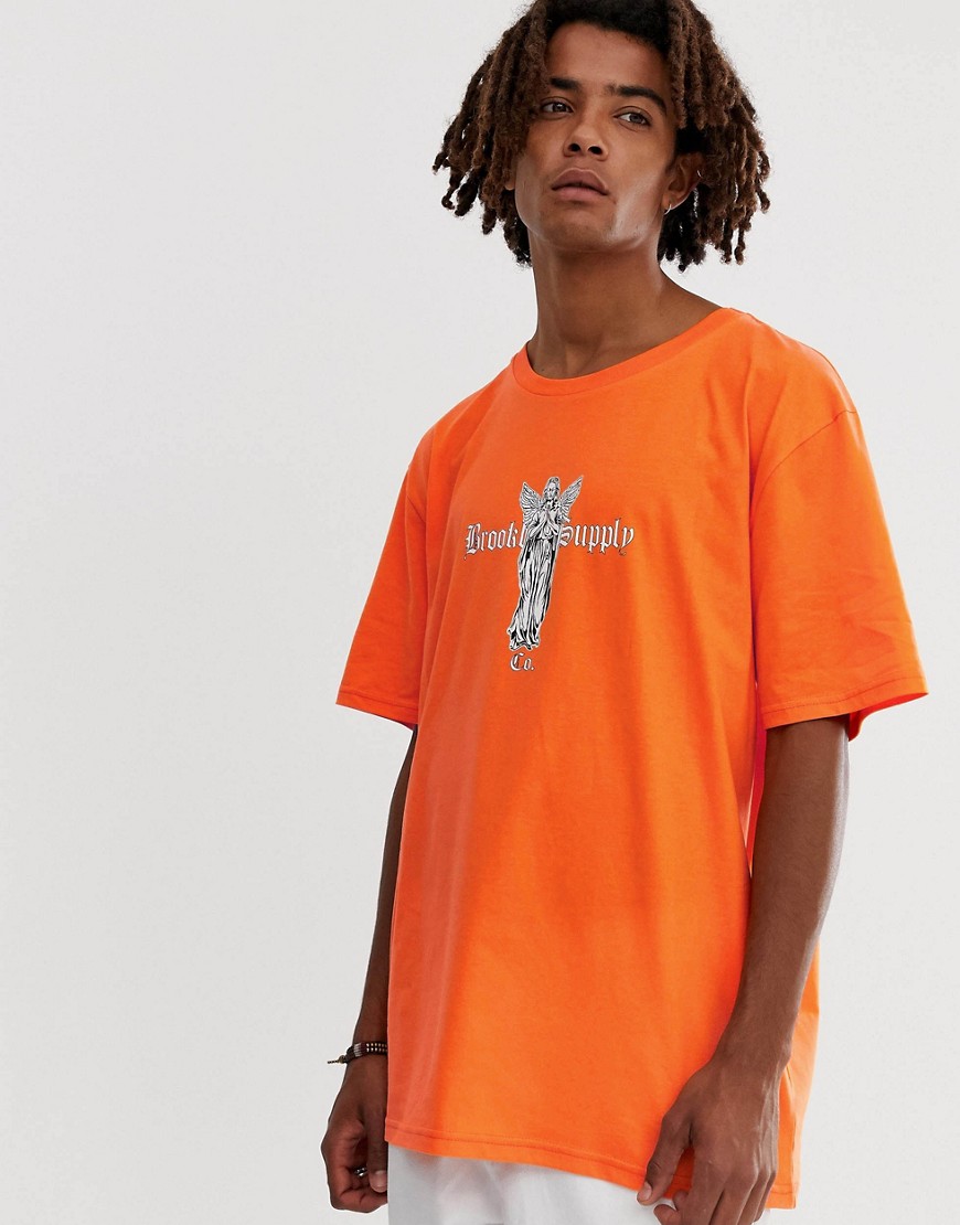 Brooklyn Supply Co drop shoulder t-shirt with print in orange