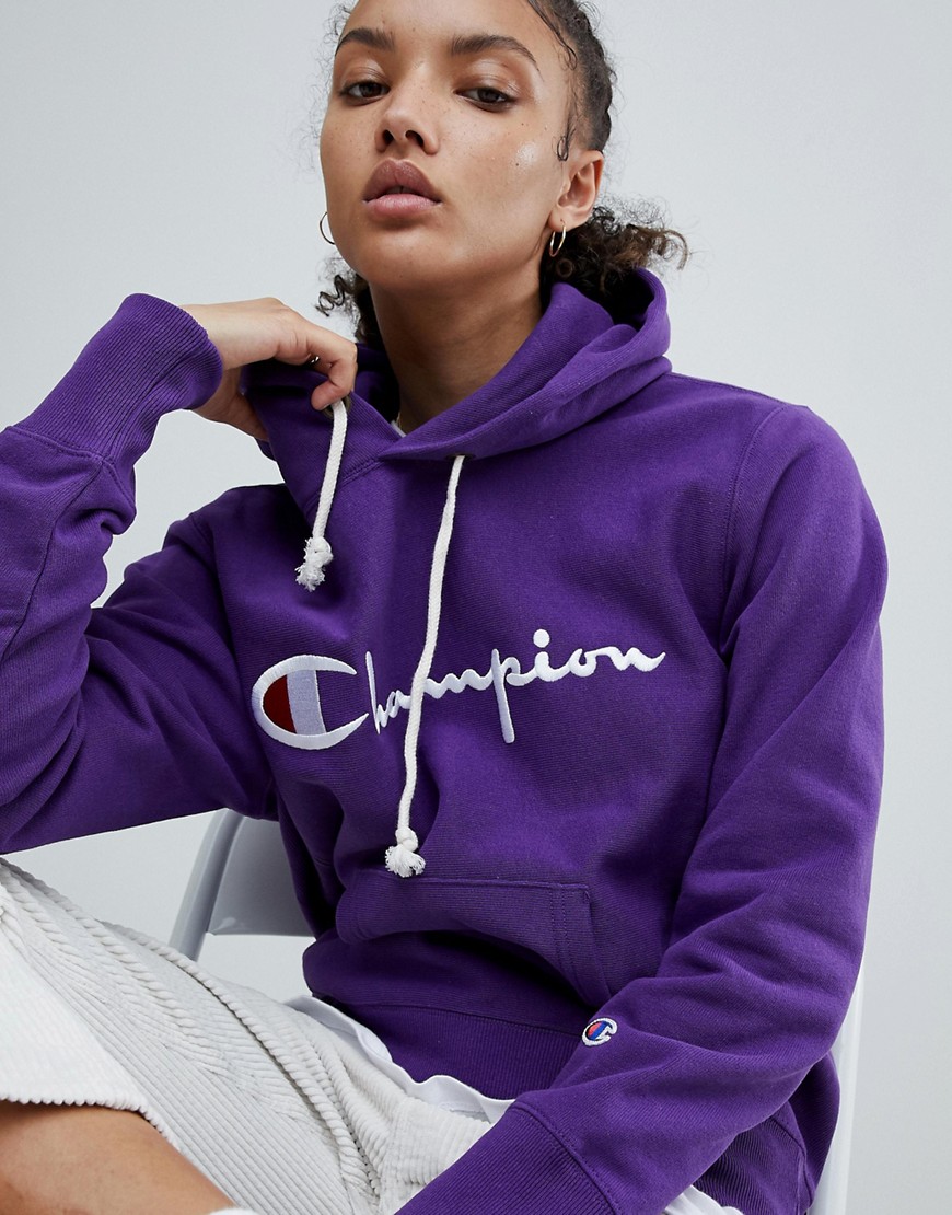 Champion Hoodie With Script Chest Logo - Purple | ModeSens