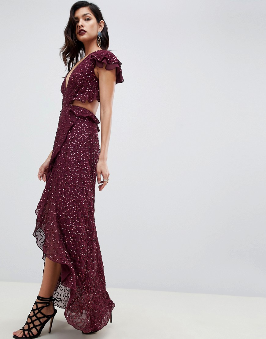 ASOS DESIGN ruffle maxi dress with open back in all over sequin