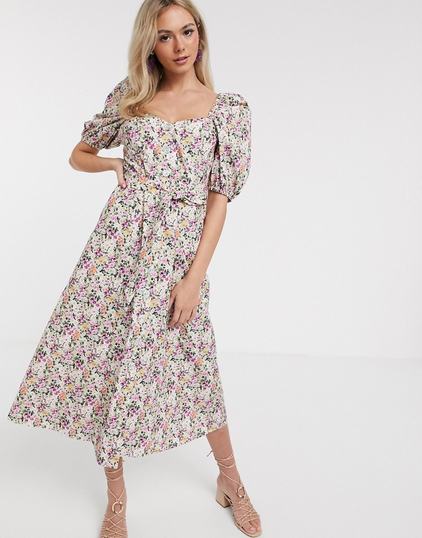 Asos Design Button Through Midi Dress With Puff Sleeves And Rhinestone Buttons In Ditsy Floral Print In Multi