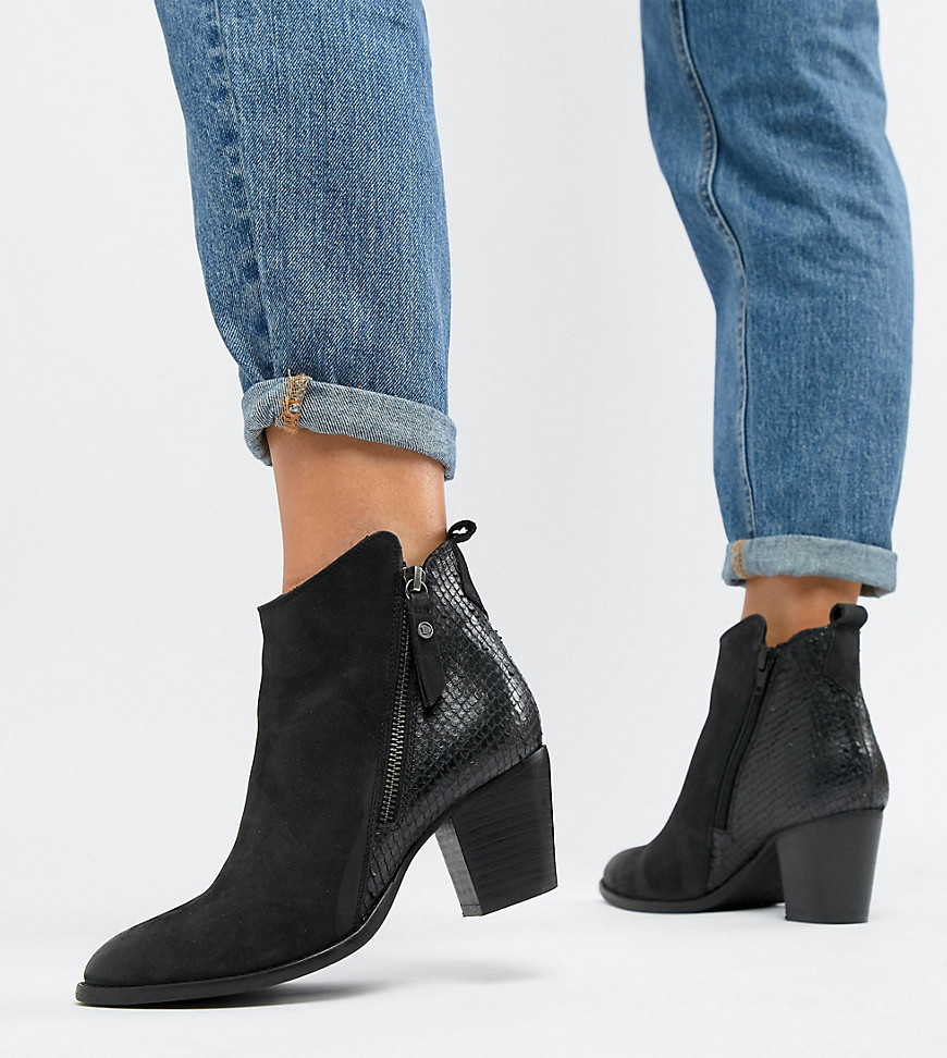 Dune London Wide Fit Pontoon Leather Western Mid Heel Ankle Boots With Side Zip Detail
