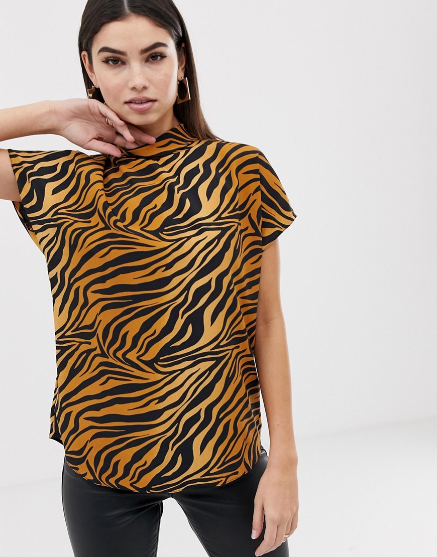 ASOS DESIGN short sleeve high neck top in tiger animal print