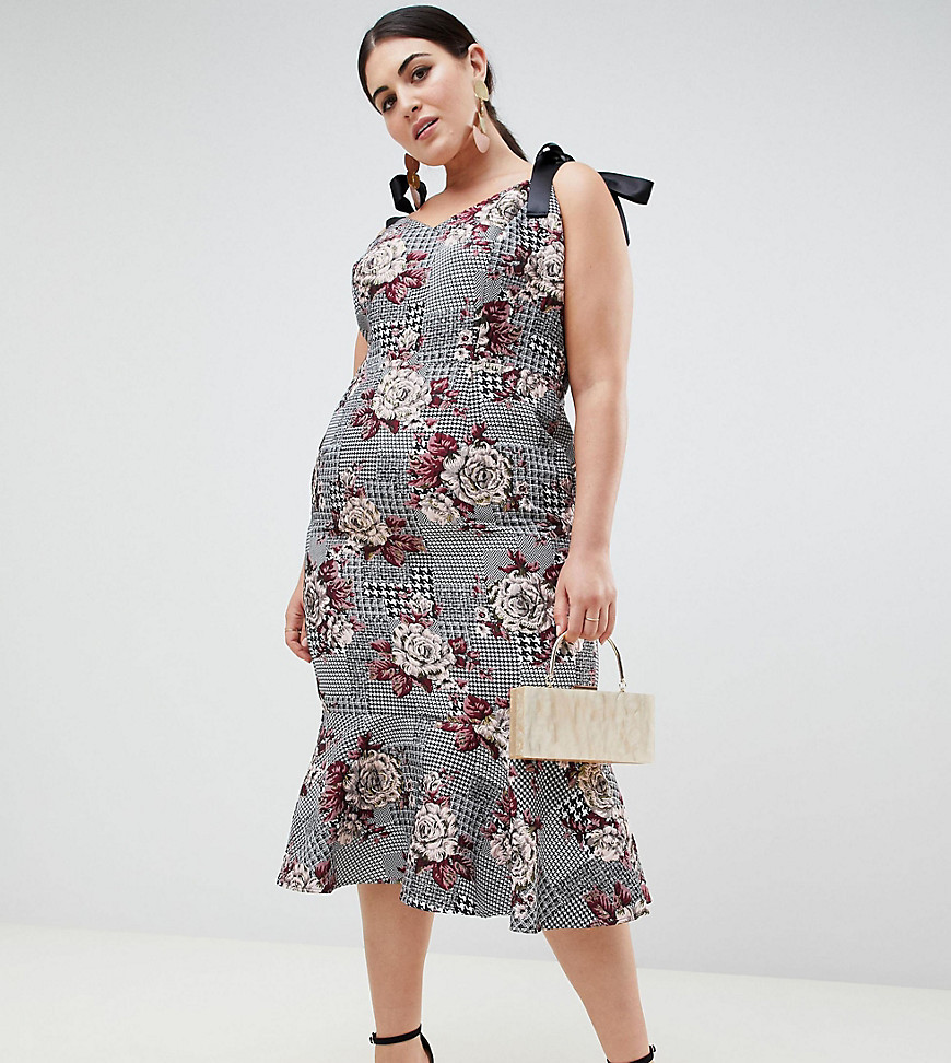 ASOS DESIGN Curve midi dress with pep hem in check and floral print