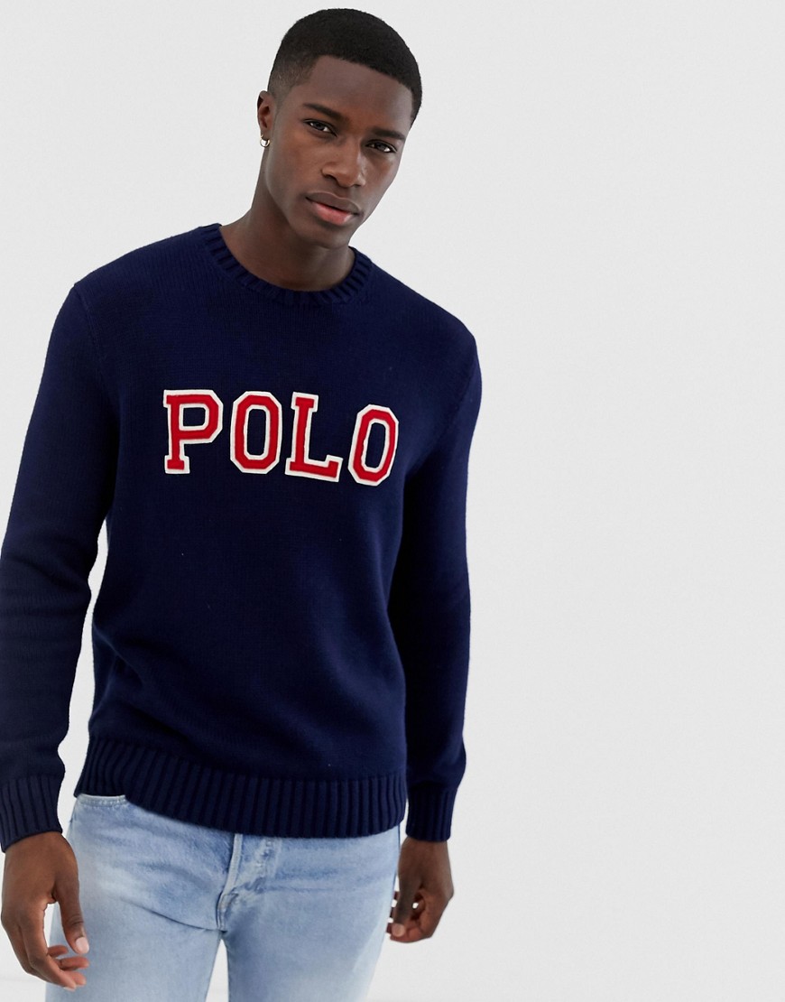 Polo Ralph Lauren chunky knit cotton crew neck jumper with applique logo in navy
