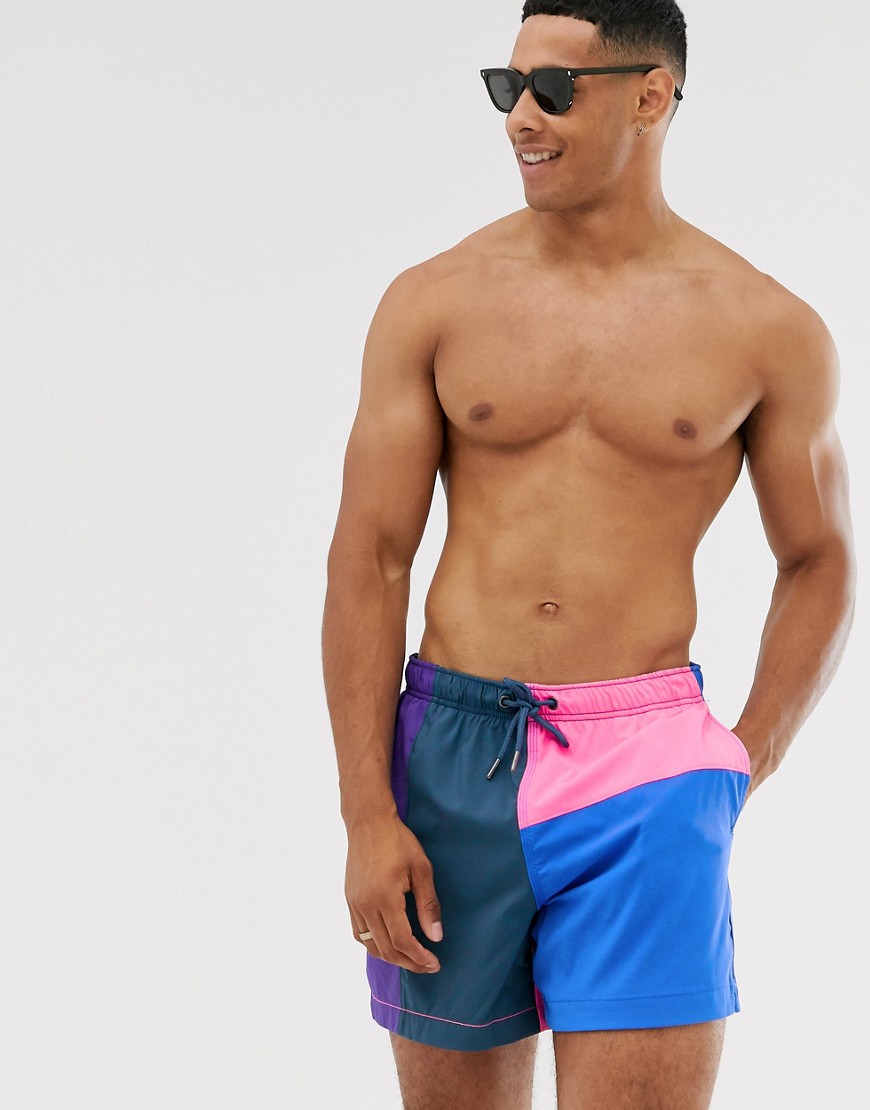 Abercrombie & Fitch 5 inch colourblock swim shorts in pink/purple
